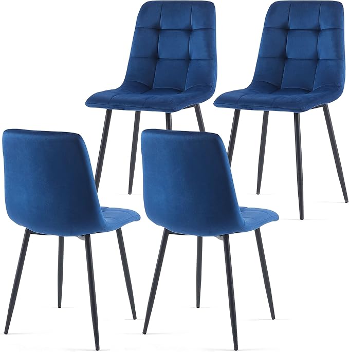 Upholstered Dining Chair Set of 4,Mid-Century Home Desk Tufted Pattern Design Side Velvet Elegant Kitchen with Sturdy Metal Legs for Home,Office, Navy Blue, Upholstered Velvet Chair