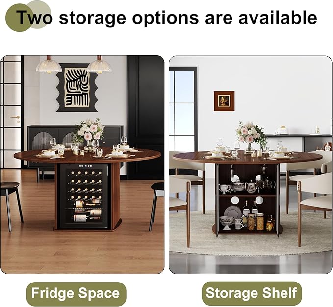 IBF 47" Round Dining Table with Fridge Storage Space, Circle Kitchen Table for 4 to 6 People, Dining Room Tables with Adjustable Shelf, Wood Dinner Tables for Home Kitchen, Walnut (Only Table)