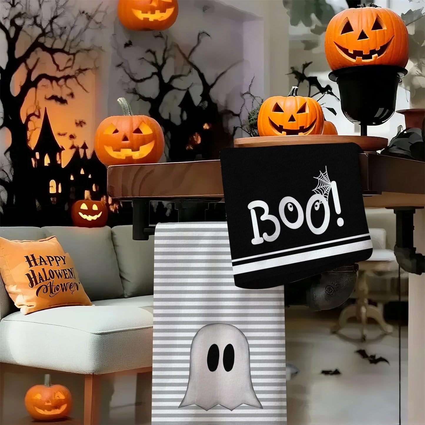 Ghost Boo Halloween Kitchen Towels Dish Towel, Stripes Decoration Hand Towels, Hand Drying Tea Towel for Halloween Baking Cooking Home Kitchen Decor Housewarming Gift Set of 2, 18x26 Inch