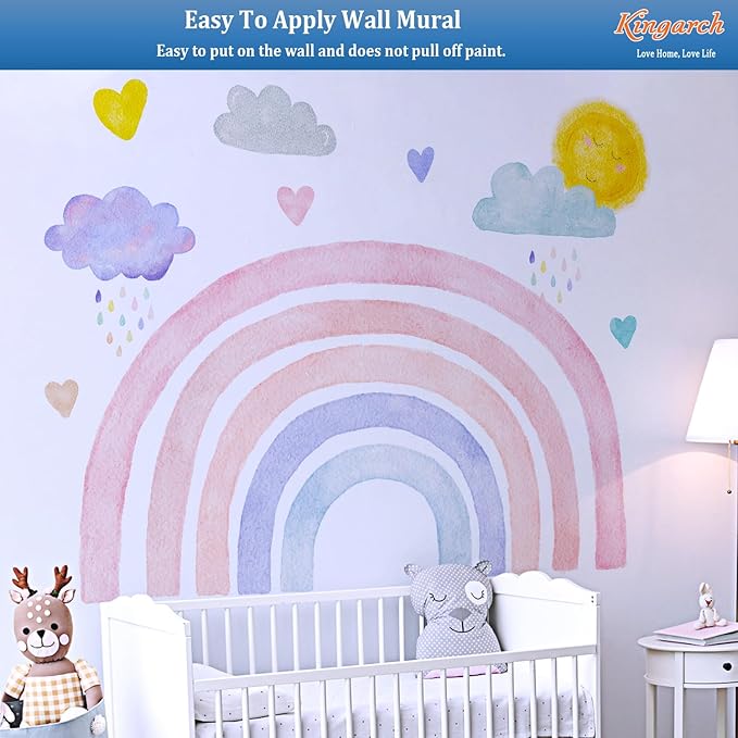 Large Boho Rainbow Wall Decals, Clouds Sun Hearts Peel and Stick Fabric Nursery Wall Decor, Removable Home Room Wall Decor Murals Stickers for Kids Girls Toddler Bedroom Living Room Playroom