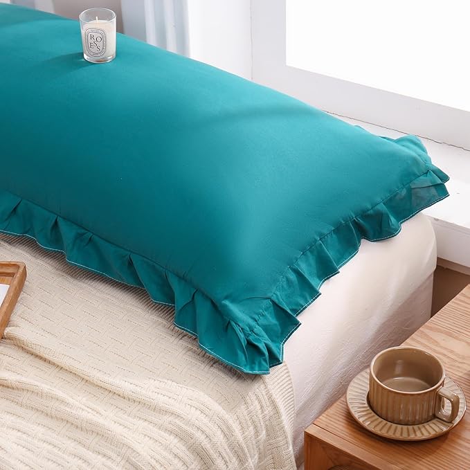 Merryword Teal Blue Pillow Ruffled Shams Blue King Pillowcases Cute Pillow Cover Set of 2 Soft Shabby Chic Pillowcases 2 Pack (King (20''x36''), Teal Blue)