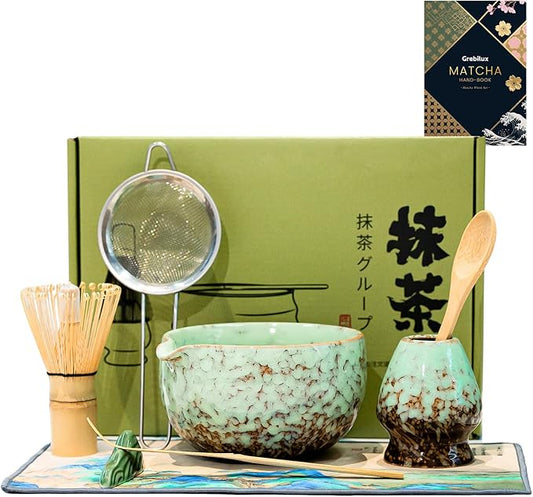 Matcha Whisk Set, Green Matcha Set (9 Pcs) Includes Matcha Bowl, Whisk & Holder, Scoop, Sifter, Spoon, Scoop Rest, Tea Mat, Hand Book - Ideal Ceramic Matcha Kit for Matcha Lovers