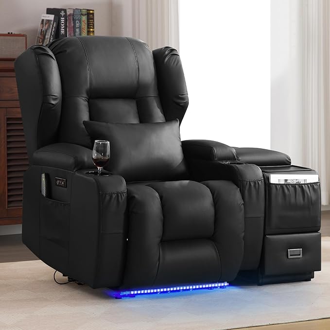 Wall Hugger Power Recliner Chair, Home Theater Seating Electric Recliing Sofa with Massage & Heat, Cup Holder, USB Port, LED Ambient Light, Storage for Living Room (Black, Chair + Console)