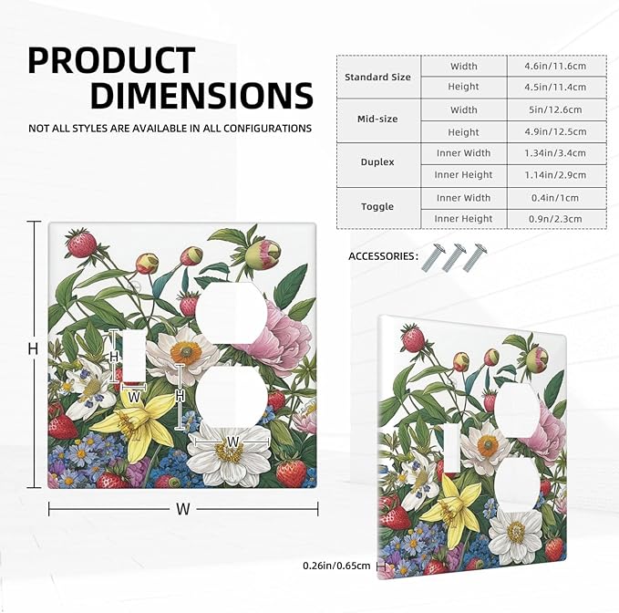 Spring Watercolor Flower Plant Strawberry Peony Floral Wallplates 1 Toggle 1 Duplex Electrical GFCI Faceplate Decorative Light Switch Covers Switch Plate for Bedroom living Room Decor