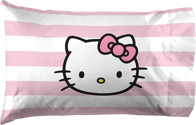 Jay Franco Sheet Set with Fitted, Flat Sheets & Pillow Cover - Ultra-Soft Bedding with Pillowcase for Room Decor, Multi - Hello Kitty, 4 Piece Queen