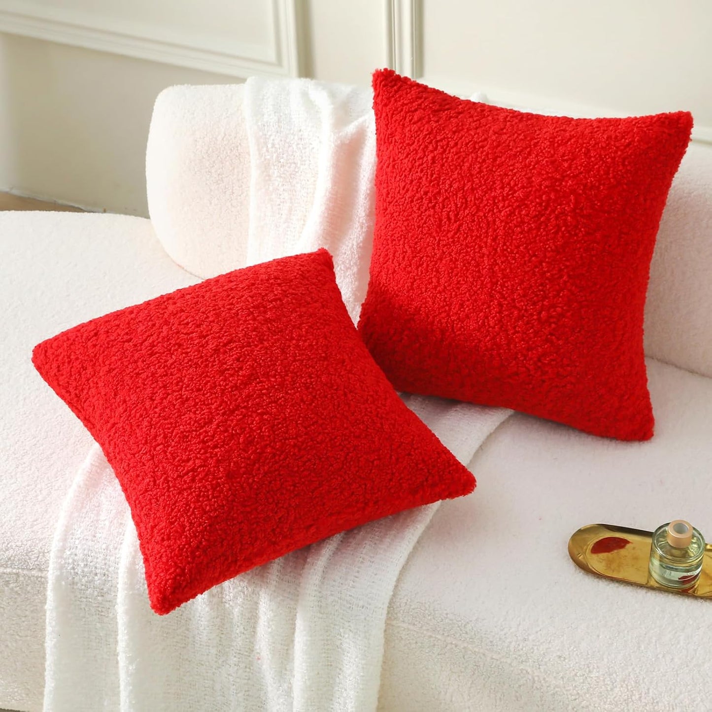 FUTEI Red Throw Pillow Covers 22x22 Inch Set of 2,Furry Faux Fur Teddy Boucle Textured Cushion Covers,Soft Fluffy Decorative Pillow Case,Home Decor for Couch Bed Living Room Office Car