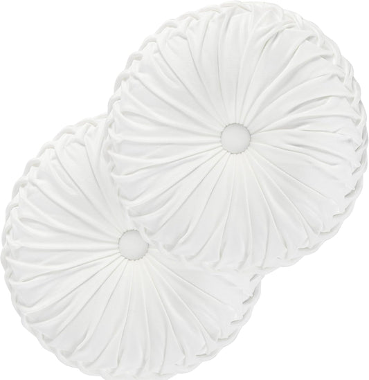 HIG Set of 2 Decorative Round Pleated Throw Pillows, Classy Accent Pumpkin Throw Pillows with Center Button, Vintage Velvet Floor Pillows for Sofa Vanity Chair Bed, White, 14.5" Diameter(Ripple)