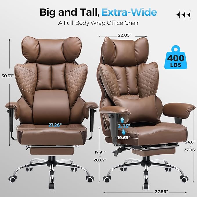 COMHOMA Big and Tall Office Chair 400LBS Wide Ergonomic Gaming Chair with Deluxe Embossing Designed Leather with Foot Rest,150°Reclining Adjustable Armrests Pocket Spring Back Support and Pillow