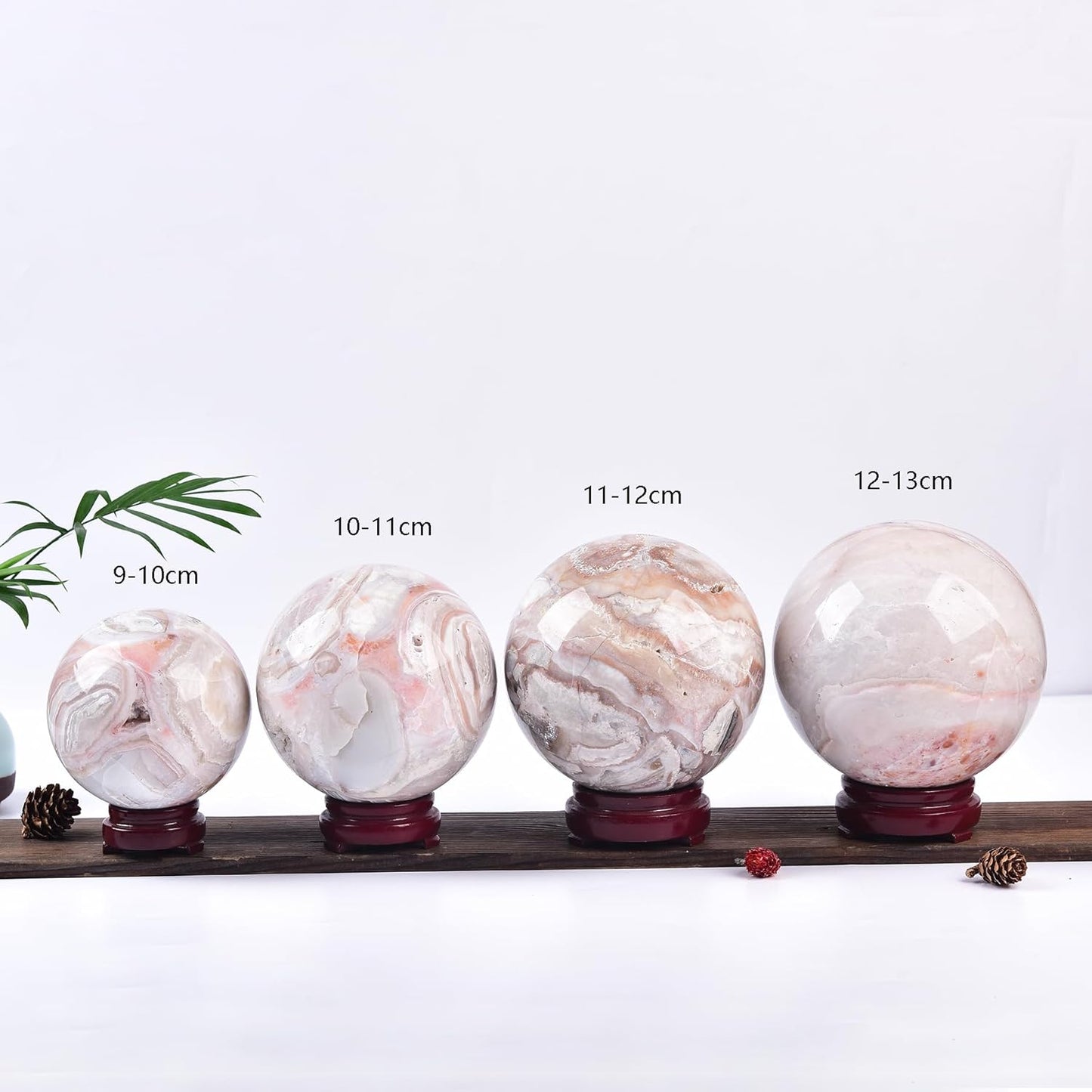 JIC Gem Large Pink Agate Crystal Sphere Ball with Wooden Stand Pink Healing Crystal Decorative Ball 90-100mm