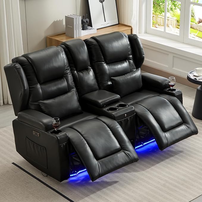 SAMERY Power Loveseat Recliner Sofa with Adjustable Split Back, USB Charging, Bluetooth Speakers & LED Lighting – Home Theater Seating with Storage, Cup Holders, Black Faux Leather Loveseat Recliner