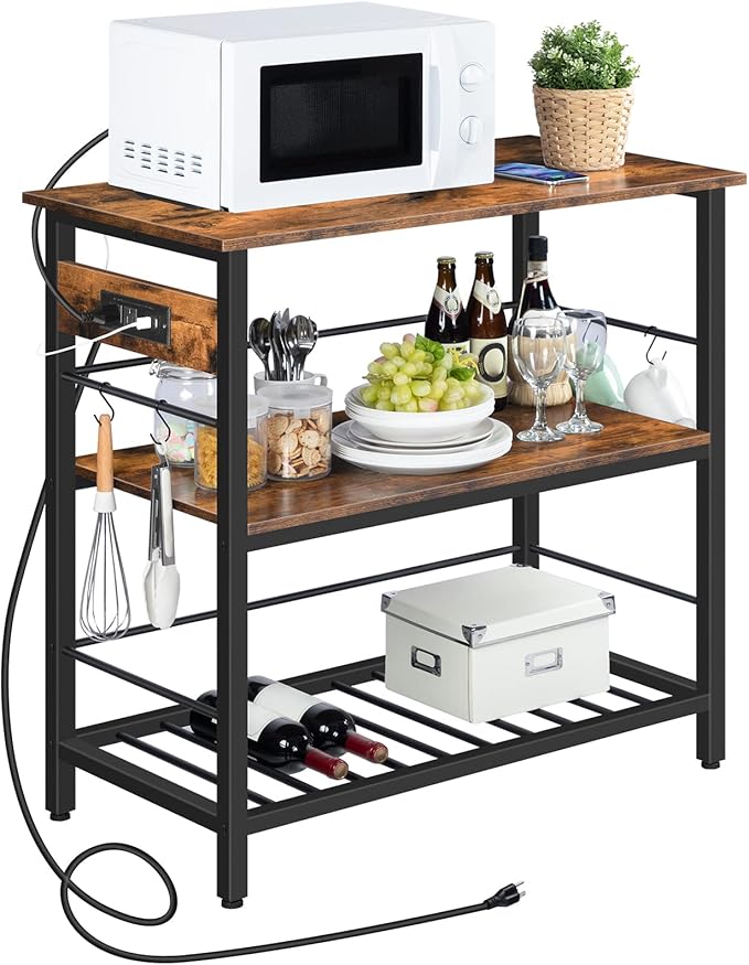 HOOBRO Kitchen Island with Storage, Kitchen Island Table with Power Outlet, 35.4" L 3 Tier Coffee Station and Microwave Stand, for Home, Dining Room, Rustic Brown and Black BF021ZD01