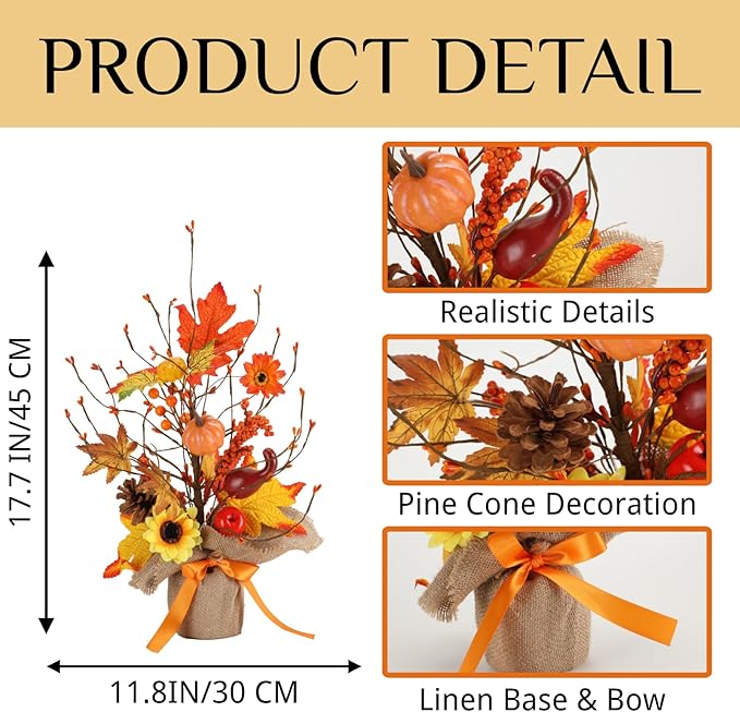 18 Inch Fall Table Tree, LED Lighted Fall Tree with Sunflowers Maple Leaf Pumpkin,Artificial Fall Tree for Autumn Harvest Thanksgiving Home Decor