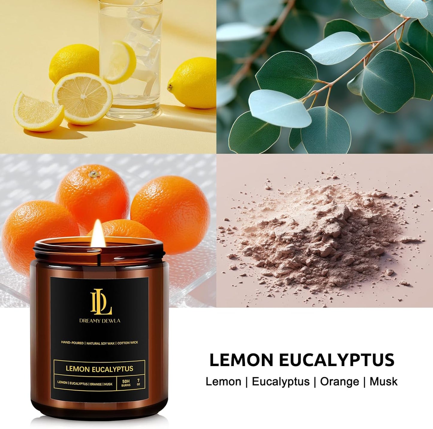Lemon Eucalyptus Scented Candles, Soy Candle for Home Scented, Candles Gift for Women Men, 7oz with 50 Hour Burn Time