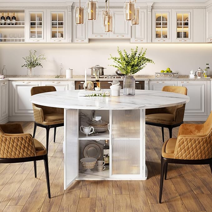 IBF 47" Round Dining Table with Fridge Space, Modern White Faux Marble Kitchen Tables for 4-6 People,Wood Dining Room Table with Storage Shelf, Circle Dinner Tables for Home, White Marble, Only Table
