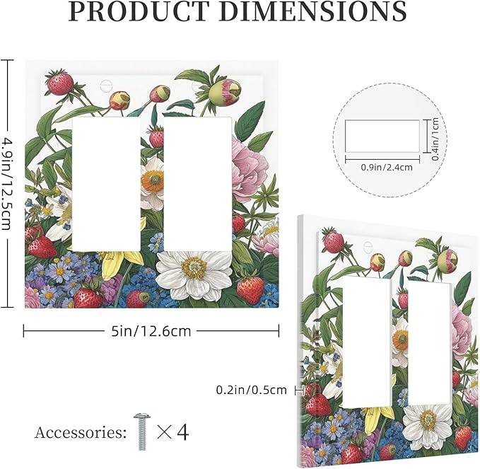 Spring Watercolor Flower Plant Strawberry Peony Floral Decorative Outlet Covers 2 Gang Double GFCI Rocker Electrical Wall Panels Light Switch Cover Plate for Bedroom living Room Decor