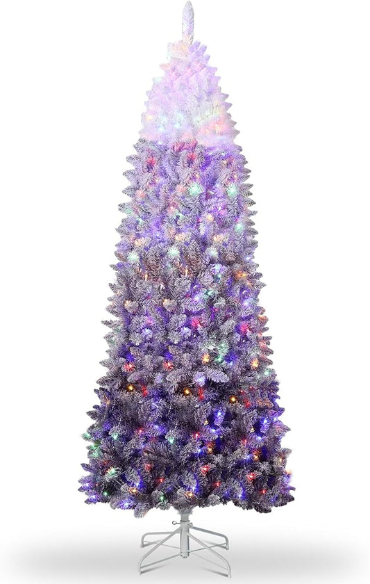 GarveeHome 6ft Snow Flocked Pencil Christmas Tree, Slim Artificial Christmas Tree with Sturdy Metal Stand, Skinny Xmas Tree Holiday Decoration for Home, Office, Purple Gradient