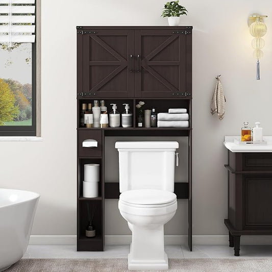 Over The Toilet Storage Cabinet, Farmhouse Storage Cabinet Over Toilet with Barn Doors & Toilet Paper Holder Stand，Home Space-Saving Toilet Rack, for Laundry, Bathroom, Restroom(Espresso).