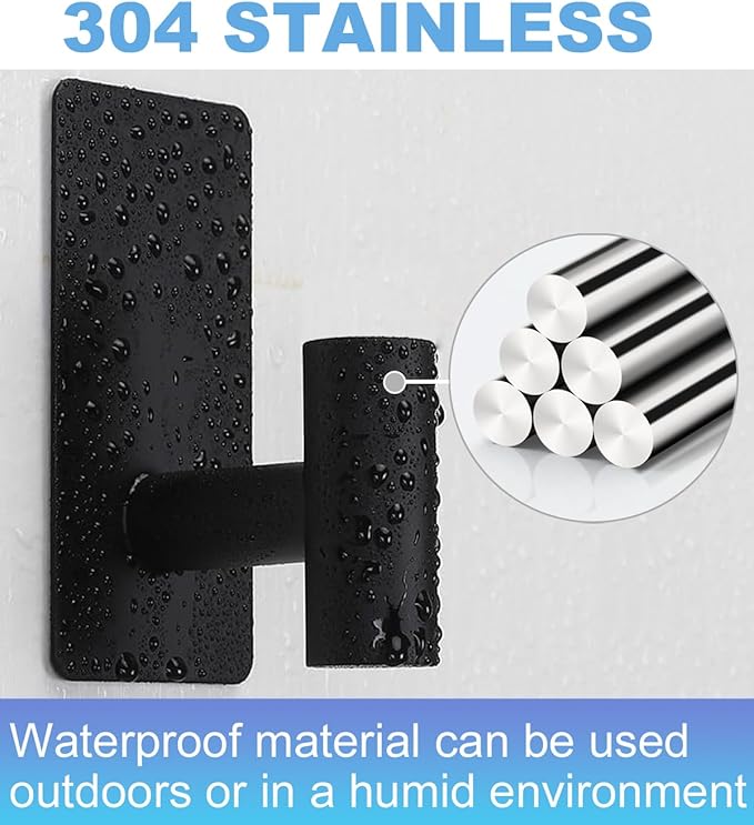 4 Pcs Towel Hooks Heavy Duty for Hanging，Adhesive Wall Hooks with Removable Strips，Sticky No Damage，Outdoor for Bathrooms，Shower，Stockings，Decor，Robe，Large，Black 304 Stainless Steel