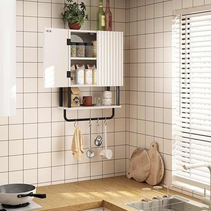 RUSTOWN Fluted Bathroom Wall Cabinet with 2 Doors, 3-Tier Modern Farmhouse Medicine Cabinet, Over The Toilet Storage Cabinet with Adjustable Shelf and Towel Bar(White, Small)