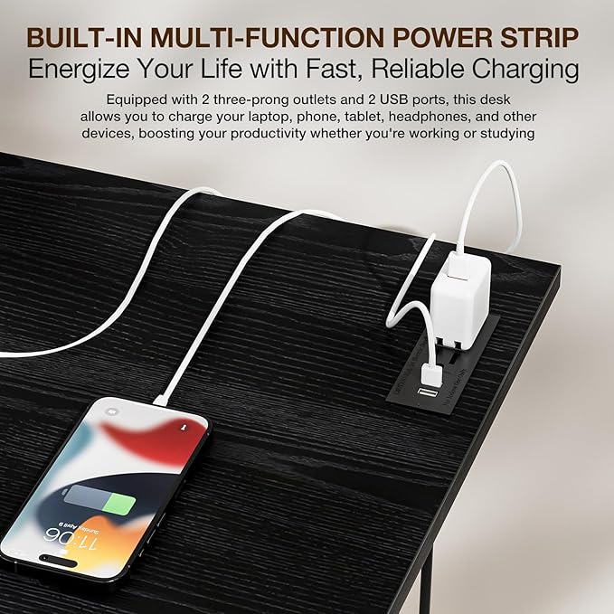 TEMI Long Computer Desk Folding Table - No Assembly, Compact 55.1" Foldable Desk with Power Outlets & USB Charging Port, Portable Lagre Office Desk, Study Table for Narrow Spaces, Dark Oak