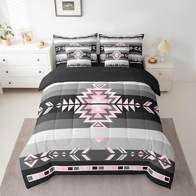 Southwest Native American Bedding Set Twin Southwestern Geometric 7 Piece Bedding Set Decor Tribal Pink Grey Black Bed Set Includes Comforter, Sheet Set, Pillowcases & Pillow Covers Modern Art Bedroom