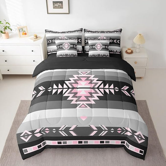 Southwest Native American Bedding Set Full Southwestern Geometric 7 Piece Bedding Set Decor Tribal Pink Grey Black Bed Set Includes Comforter, Sheet Set, Pillowcases & Pillow Covers Modern Art Bedroom