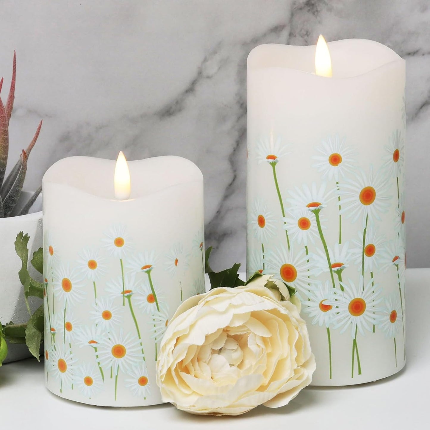 Eywamage White Floral Flameless Pillar Candles with Remote, Flickering Spring Daisy Battery LED Candles Set of 2