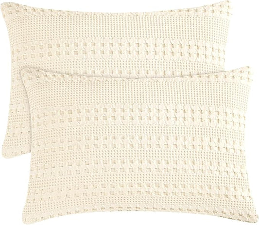 PHF Waffle Weave Pillow Shams Standard Size, 2 Pack 100% Cotton Pillowcases 20" x 26", No Insert, Soft & Breathable Aesthetic Woven Pillow Case Covers for Bedroom Decor, Undyed