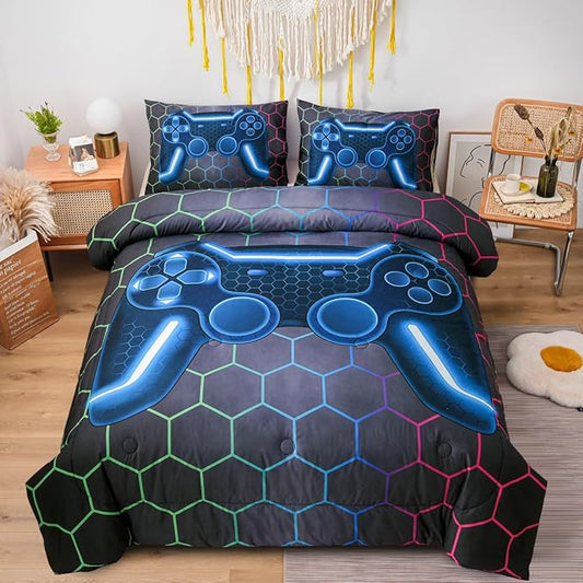 NTBED Game Console Comforter Set for Boys Girls Kids 3D Gaming Geometric Lightweight Microfiber Bedding Sets (Multi, Twin)