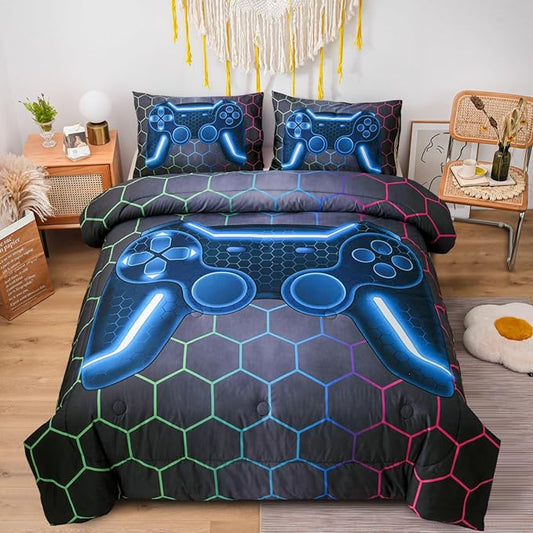 NTBED Game Console Comforter Set for Boys Girls Kids 3D Gaming Geometric Lightweight Microfiber Bedding Sets (Multi, Queen)