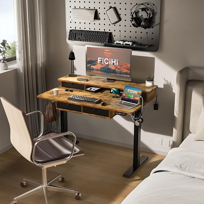 Adjustable Height Standing Desk with 4 Drawers,48 x 30 inches Electric Sit Stand Home Office Desk with Two Tiers, 3 Memory Presets, Monitor Stand Riser, USB A/C Charging Port