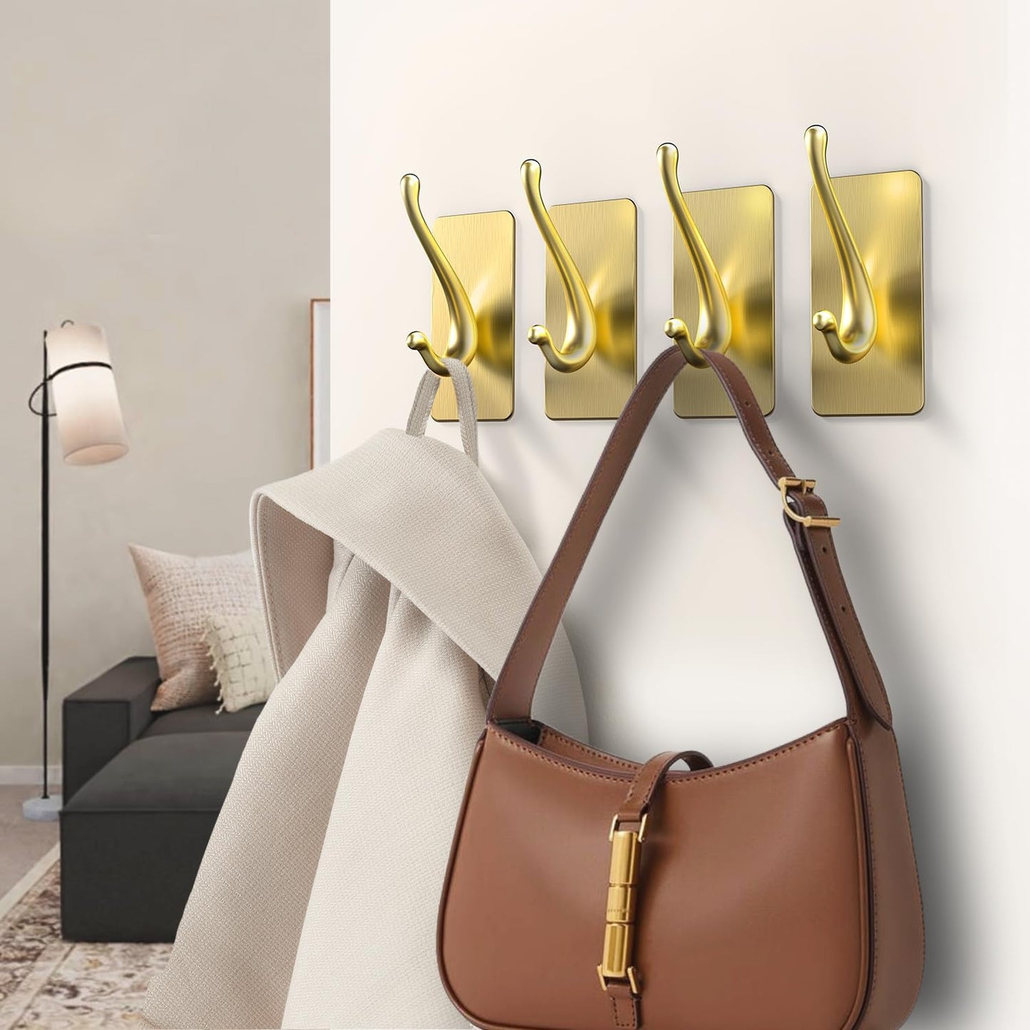 Towel Hooks, Solid Alloy Adhesive Wall Hooks for Hanging, Towel Hooks for Bathroom, RV, Kitchen, Closets, etc (Gold, 2 Pack)