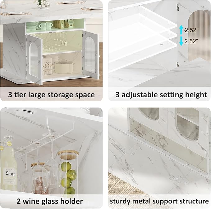 HSH Dining Table for 4–6, 63" Modern Kitchen Dining Room Table with Storage Shelves & Acrylic Door Cabinet,Wood Rectangle Dinner Table with Faux Marble Top for Home Apartment, White Faux Marble