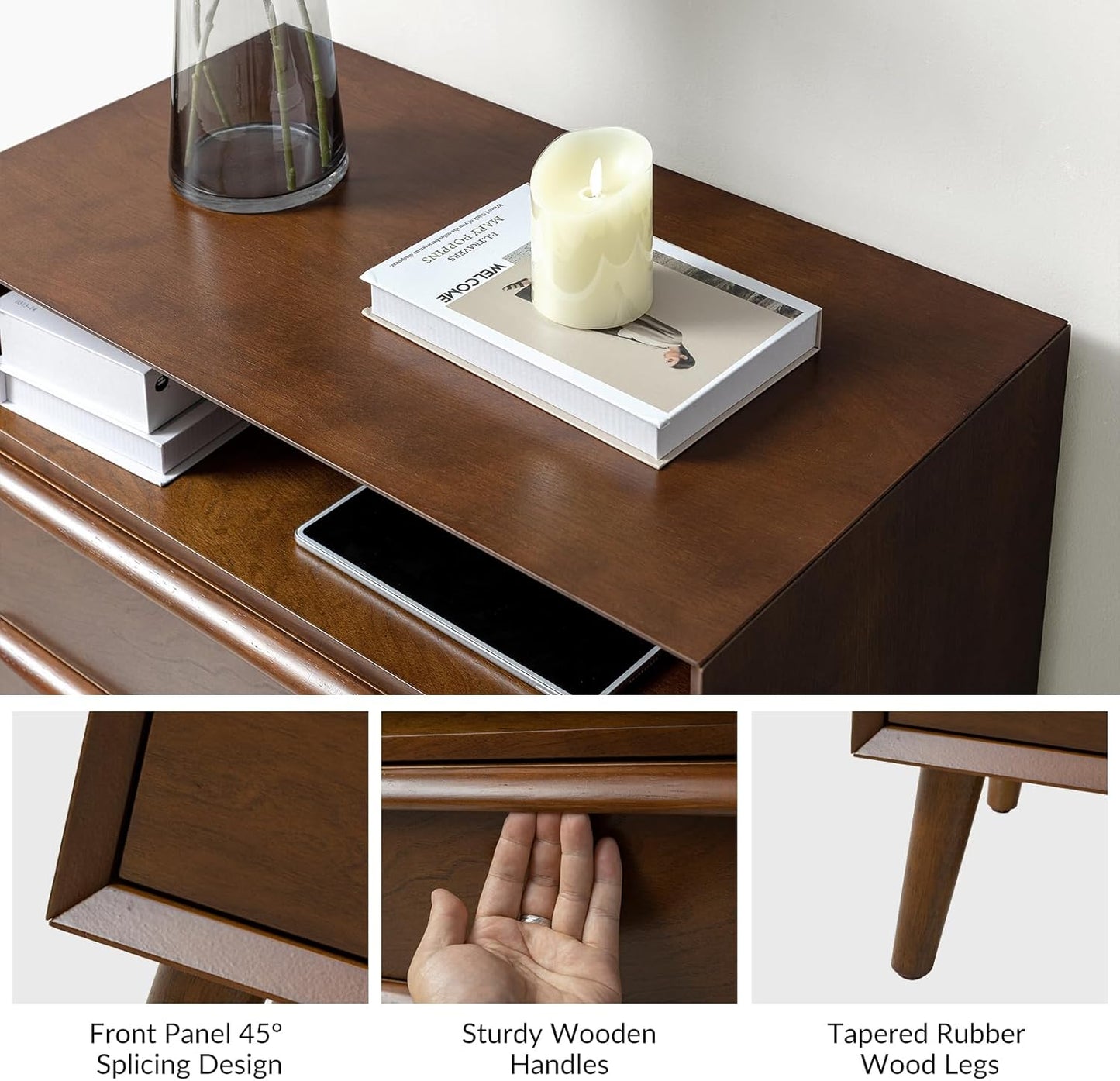 HULALA HOME Nightstand with Charging Station, Mid-Century Modern 2 Drawer and Open Shelf Dresser for Bedroom, Fluted Bedside Table, Walnut