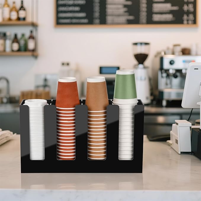 MYITYARD Coffee Cup Holder, Cup and Lid Organizer fits 5 to 16 oz Disposable Paper & Plastic Cups, Cup Dispenser Countertop, Acrylic Cup Storage for Home, Kitchen, Office (4 Compartment)