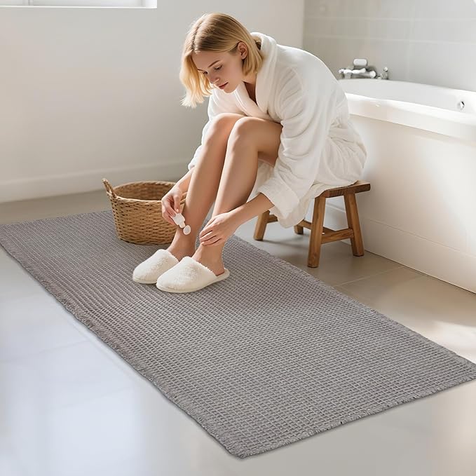 ZALL Grey Waffle Bath Mat,Super Absorbent Non Slip Bathroom Rug,Gray 24x48inch,Machine Washable Ultra Soft Floor Mats