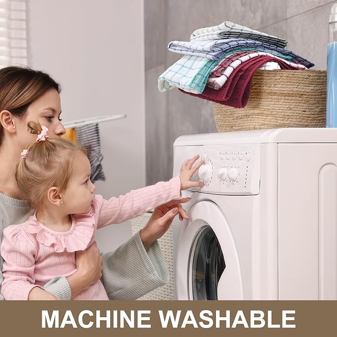 Homaxy Premium Cotton Kitchen Towels 16"x 28", Large Natural Ring Spun 390 GSM Dish Towels, Super Absorbent Terry Kitchen Hand Towels, Soft Tea Towel with Hanging Loop, Tan Check Design, 6 Pack