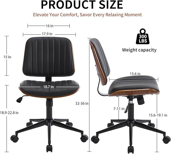 Small Home Office Chair - Armless Mid Back Desk Chair with 360° Swivel and Wheels, PU Upholstered Height Adjustable Modern Walnut Computer Chair for Home, Office Meeting Room - Black