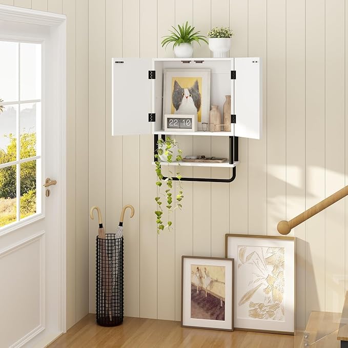RUSTOWN Fluted Bathroom Wall Cabinet with 2 Doors, 3-Tier Modern Farmhouse Medicine Cabinet, Over The Toilet Storage Cabinet with Adjustable Shelf and Towel Bar(White, Small)