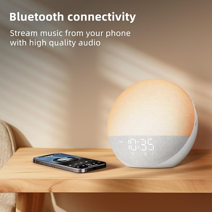 Sunrise Alarm Clock White Noise Machine: Natural Wake Up Light - Dimmable Clock with Bluetooth Speaker for Bedroom - 25 Sleep Sounds for Baby Adults Kids Frost White