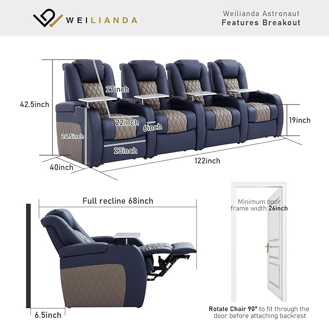 Home Theater Seating, Top Grain Leather Movie Seats Recliner Chair, Zero Gravity Reclining Gaming Sofa with Power Headrest 7 Colors Ambient Lighting 4 Seats Blue Grey