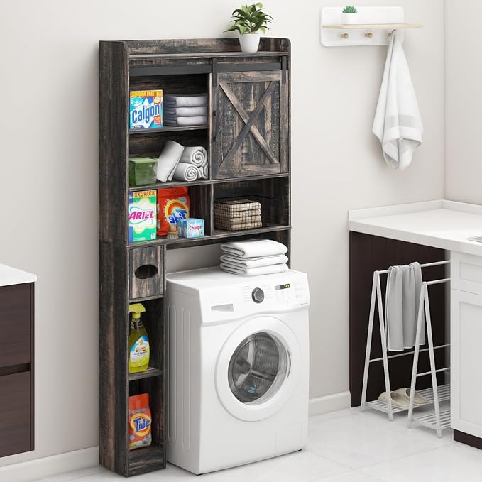 Over The Toilet Storage Cabinet, Farmhouse Storage Cabinet Over Toilet with Sliding Doors & Toilet Paper Holder Stand，Home Space-Saving Toilet Rack, for Bathroom, Laundry(Dark Grey)