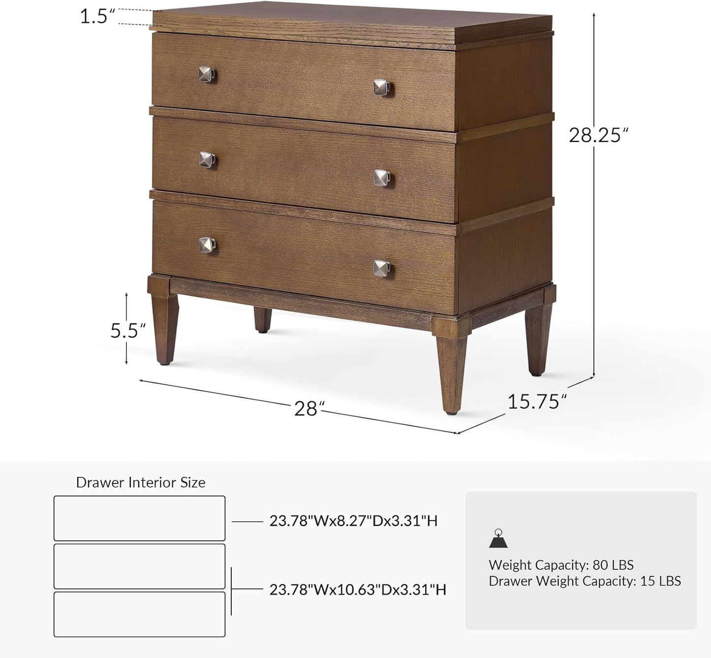 HULALA HOME 3-Drawer Nightstand with Charge Station, Farmhouse Nightstand with Solid Wood Legs, Set of 2(Walnut)