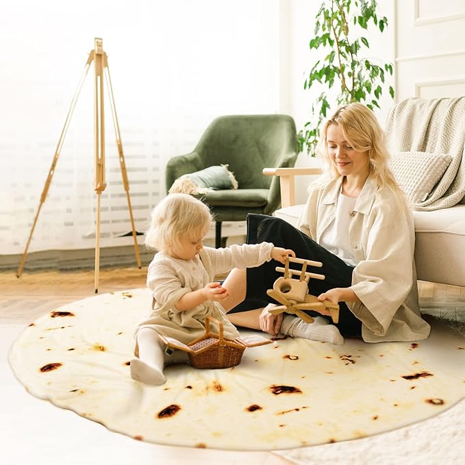 Vessia Burritos Tortilla Queen Size Blanket(Beige, 90 inches) Giant Realistic Funny Food Blanket for Adults and Kids, Novelty Double Sided Round Tortilla Wrap Decor, Soft Flannel Taco Decor for Bed