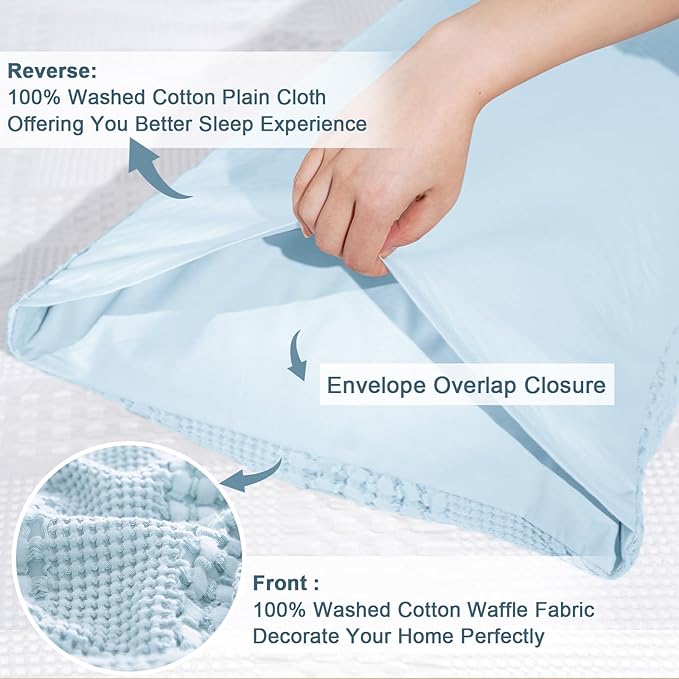 PHF 100% Cotton Waffle Pillow Shams Queen Size, 2 Pack 20" x 30" Soft Skin-Friendly Pillowcases, No Filling, Aesthetic Woven and Breathable Waffle Weave Pillow Case Covers for Bed, Baby Blue
