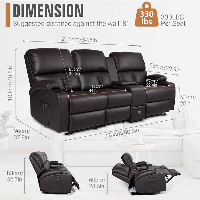 Home Theater Seating,RV Recliner Sofa with Massage and Heat,RV Manual Recliner Loveseat with USB/Cup Holders and Side Pocket for Living Room,3 Loveseat Brown