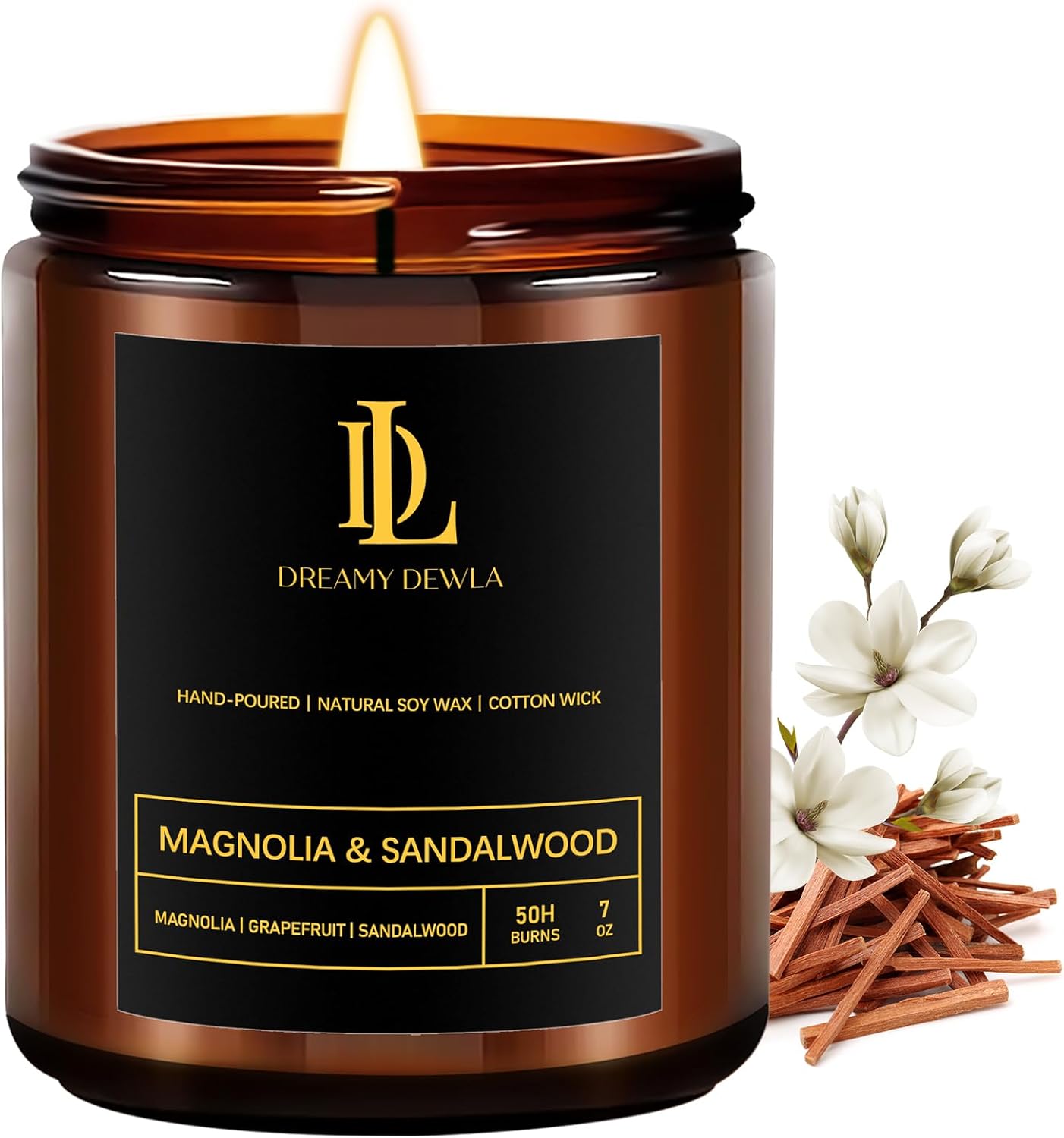 Magnolia & Sandalwood Scented Candles, Soy Candle for Home Scented, Candles Gift for Women Men, 7oz with 50 Hour Burn Time