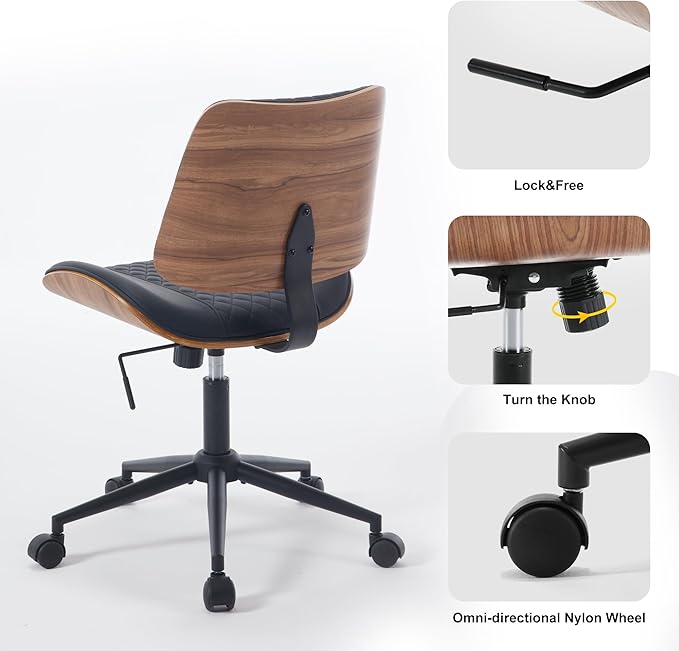 BV Small Desk Chair, Mid Century Office Chair with Bentwood Back, Armless Task Swivel Chair with Wheels, Mid Back No Arms, Faux Leather Office Chairs for Small Space, Black