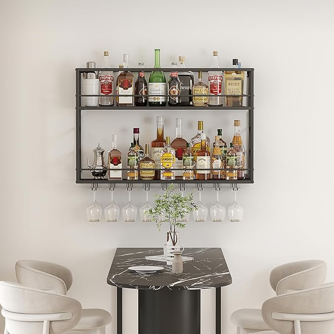 Wall Mounted Wine Rack 2 Tier, Metal Bar Liquor Shelves and Glass Holder,Wall Bar Shelf Wine Display Storage Holder for Home Bar, Dining Room, Kitchen(31.4×7.8×26in)