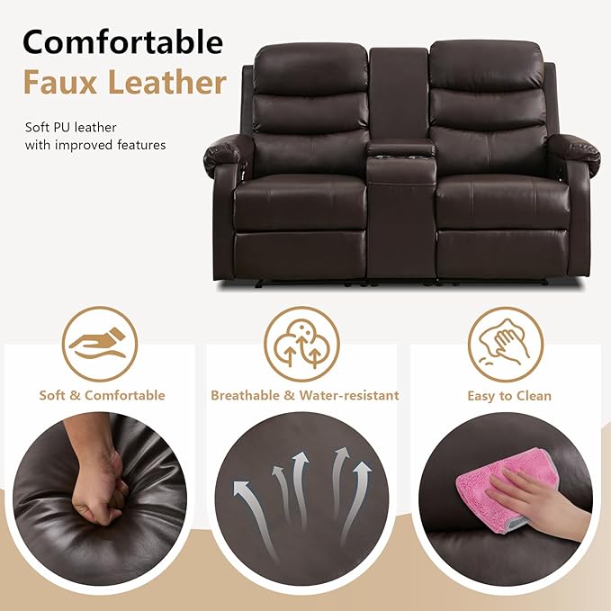 Loveseat Reclining Sofa, Home Theater Seating with Center Console, RV Recliner Sofa with Cup Holders and Pockets, Manual Double Seater Recliner for Living Room, Motor Home, Cinema(Brown)